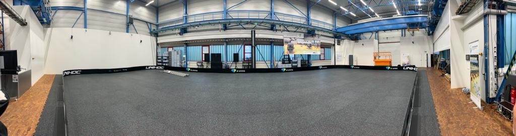 Panoramic view of the FLW cyber-physical research hall and its open test area.